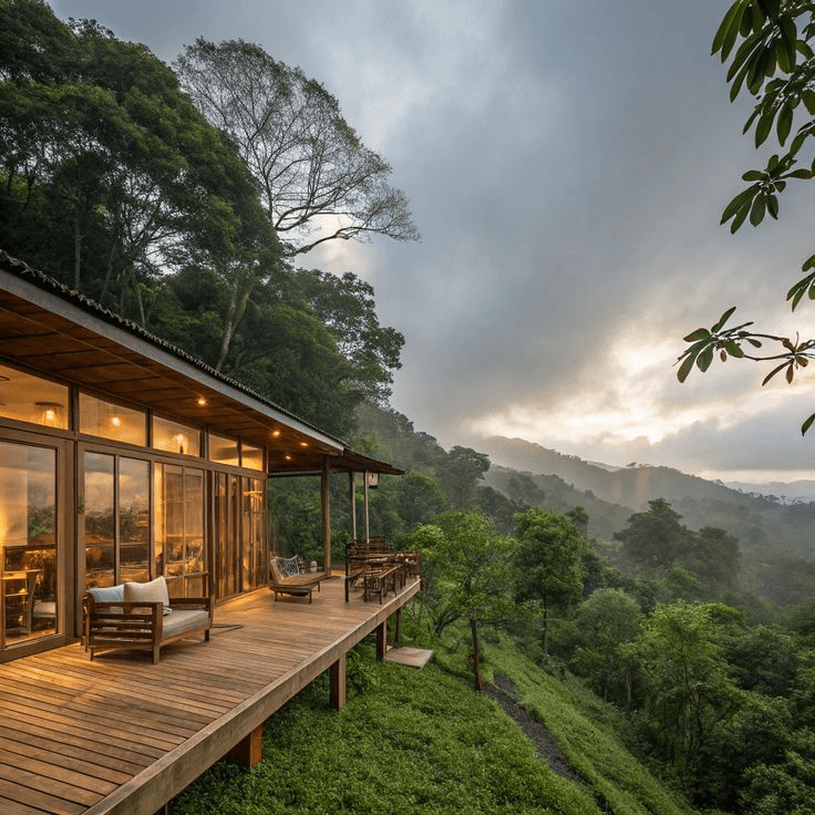 Glass hillside lodge overlooking misty mountain valleys at Mistnleaf